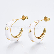 Brass Enamel Stud Earrings, Half Hoop Earrings, with Ear Nuts, Nickel Free, Double Horn/Crescent Moon with Heart, Real 16K Gold Plated, White, 19x5.5mm, Pin: 0.8mm(EJEW-T014-08G-05-NF)