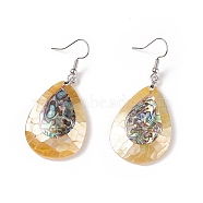 White Shell & Abalone Shell/Paua Shell Dangle Earrings, with Brass Ice Pick Pinch Bails and Earring Hooks, Teardrop, Platinum, 55mm, Pin: 0.7mm(EJEW-K081-03H)