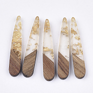Resin & Walnut Wood Pendants, with Gold Foil, Teardrop, Gold, 44x7.5x3mm, Hole: 1.2mm(RESI-S358-40M)