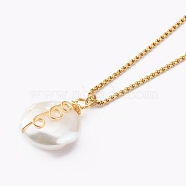 Natural Baroque Pearl Keshi Pearl Pendant Necklaces, with 304 Stainless Steel Venetian Chains, Flat Round, Golden, 15.98 inch(40.6cm)(NJEW-JN03372-03)