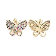 Brass Micro Pave Colorful Cubic Zirconia Pendants, Butterfly Charm, Real 18K Gold Plated, 20.5x26x3.5mm, Hole: 2.6x4mm(KK-E068-VC409)