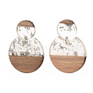 Transparent Resin & Walnut Wood Dangle Stud Earrings, with Silver Foil, Steel Pin and plastic Ear Nuts, Flat Round, Silver, 49.5mm, Pin: 0.7mm(EJEW-JE04281-02)