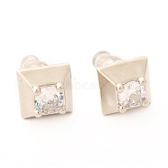 Brass Micro Pave Cubic Zirconia Stud Earrings, with Plastic Ear Nuts, Long-Lasting Plated, Square, Clear, 9x9x5mm, Pin: 0.6mm(EJEW-F273-14D-P)