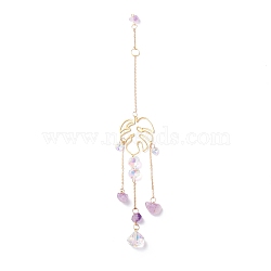 Hanging Crystal Aurora Wind Chimes, with Prismatic Pendant, Leaf-shaped Iron Link and Natural Amethyst, for Home Window Lighting Decoration, Golden, 315mm(HJEW-Z003-01)