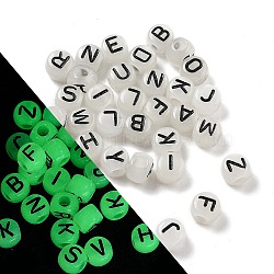 Luminous Transparent Acrylic Beads, Large Hole Beads, Flat Round with Letter, Glow in the Dark, Black, 6x7x5mm, Hole: 3mm, about 3700pcs(LACR-282-01B)