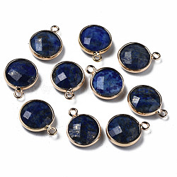 Natural Lapis Lazuli Charms, Faceted, with Golden Plated Brass Edge and Loop, Flat Round, 14.5x11.5x4.5mm, Hole: 1.5mm(G-Q998-026A)