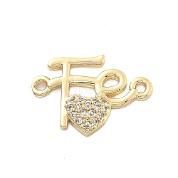 Rack Plating Brass Clear Cubic Zirconia Fe Heart Connector Charms, Long-Lasting, Lead Free & Cadmium Free, Real 18K Gold Plated, 12x19.5x3mm, Hole: 1.2mm(KK-Q017-14G)
