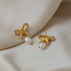 304 Stainless Steel Dangle Stud Earrings for Women, with Resin Beads, Bowknot, Real 18K Gold Plated, 26.5x20mm(EJEW-F414-01G)