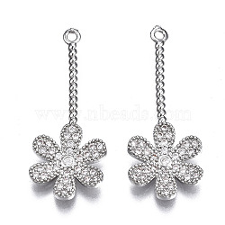 Brass Micro Pave Clear Cubic Zirconia Pendants, Flower, Platinum, 31x12x2mm, Hole: 1.4mm(ZIRC-S069-004P)