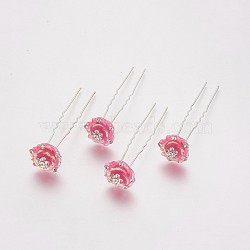 (Defective Closeout Sale), Lady's Hair Forks, with Silver Color Plated Iron Findings, Resin and Rhinestone, Flower, Crystal, Hot Pink, 75mm(PHAR-XCP0001-E01)