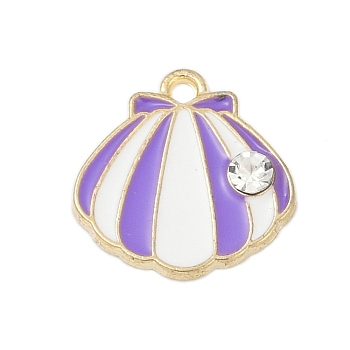 Alloy Enamel Charms, with Rhinestone, Shell Shape Charm, Golden, Lilac, 14.5x14.5x2.5mm, Hole: 1.5mm