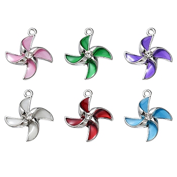 6Pcs Rack Plating Alloy Pendants, with Epoxy Resin and Crystal Rhinestone, Windmill Charms, Platinum, Cadmium Free & Lead Free, Mixed Color, 19.5x17x4mm, Hole: 1.4mm
