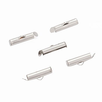 Iron Slide On End Clasp Tubes, Slider End Caps, Cadmium Free & Lead Free, Platinum, 6x16x4mm, Hole: 1mm, 3.2mm Inner Diameter