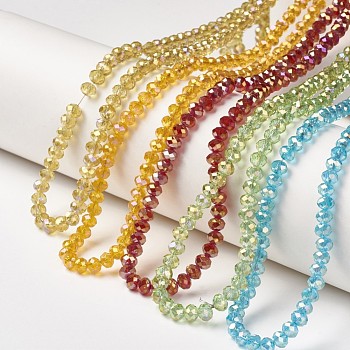 Electroplate Transparent Glass Beads Strands, Full Rainbow Plated, Faceted, Rondelle, Mixed Color, 6x5mm, Hole: 1mm, about 85~88pcs/strand, 16.1~16.5 inch(41~42cm)