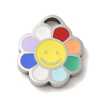 304 Stainless Steel Enamel Charms, Flower with Smiling Face Charms, Stainless Steel Color, 11.5x10x1.5mm, Hole: 1.5x1.3mm