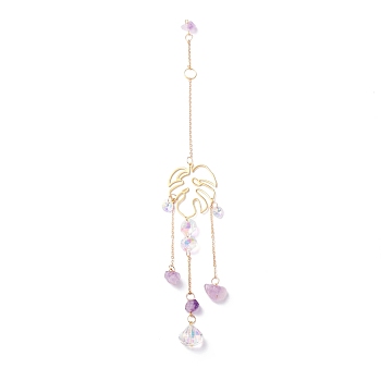 Hanging Crystal Aurora Wind Chimes, with Prismatic Pendant, Leaf-shaped Iron Link and Natural Amethyst, for Home Window Lighting Decoration, Golden, 315mm