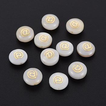 Natural Freshwater Shell Beads, with Golden Plated Brass Metal Embellishments, Flat Round with Mark @, Seashell Color, 8x4.5mm, Hole: 0.6mm