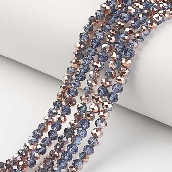 Electroplate Transparent Glass Beads Strands, Half Copper Plated, Faceted, Rondelle, Steel Blue, 3.5x3mm, Hole: 0.4mm, about 123~127pcs/strand, 13.7~14.1 inch(35~36cm)