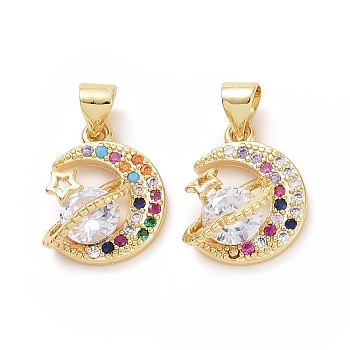 Brass Cubic Zirconia Pendants, Moon with Planet & Star Charm, Golden, 16x12x6mm, Hole: 3x5mm