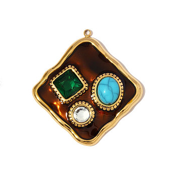 304 Stainless Steel Cubic Zirconia Pendants, Rhombus Charms, with Enamel & Synthetic Turquoise, Ion Plating(IP), Real 18K Gold Plated, 43x41mm