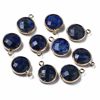 Natural Lapis Lazuli Charms, Faceted, with Golden Plated Brass Edge and Loop, Flat Round, 14.5x11.5x4.5mm, Hole: 1.5mm