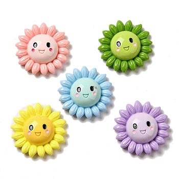 Cartoon Smiling Sunflower Decoden Resin Cabochons, Mixed Color, 47x48x13.5mm