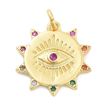 Rack Plating Brass Micro Pave Cubic Zirconia Pendants, Long-Lasting Plated, Lead Free & Cadmium Free, Sun with Evil Eye, Colorful, 18.5x14x2mm, Hole: 3mm