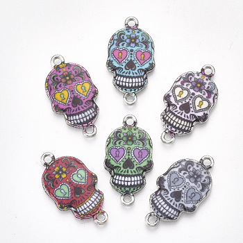 Printed Alloy Links connectors, with Enamel, Skull, Platinum, Mixed Color, 25.5x13.5x2mm, Hole: 1.6mm
