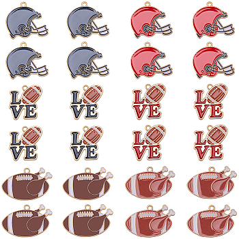 24Pcs 6 Style Alloy Enamel Pendants, Cadmium Free & Nickel Free & Lead Free, Light Gold, Word LOVE with Rugby & Baseball Helmet & Rugby Charm, Mixed Color, 21.5~24.5x22.5~33.5x1.3~1.5mm, Hole: 2mm, 4pcs/style