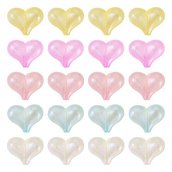 50Pcs 5 Colors Rainbow Iridescent Plating Acrylic Beads, Glitter Heart Beads, Mixed Color, 16x21x9.5mm, Hole: 1.8mm, 10pcs/color