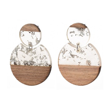 Transparent Resin & Walnut Wood Dangle Stud Earrings, with Silver Foil, Steel Pin and plastic Ear Nuts, Flat Round, Silver, 49.5mm, Pin: 0.7mm