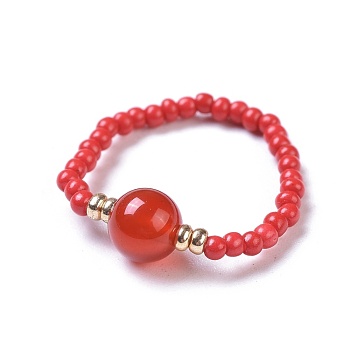 Natural Carnelian Stretch Rings, with Glass Seed Beads, Size 8, 18mm
