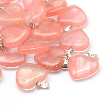 Heart Cherry Quartz Glass Pendants, with Platinum Tone Brass Findings, 20~22x20~21x5~8mm, Hole: 2x7mm