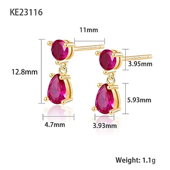 Cubic Zirconia Teardrop Dangle Stud Earrings, Golden 925 Sterling Silver Earrings, Medium Violet Red, 12.8x3.93~4.7mm