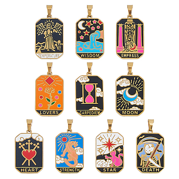 10Pcs 10 Styles Ion Plating(IP) 304 Stainless Steel Enamel Pendants, Real 18K Gold Plated, Tarot Charm, Mixed Shapes, 32x19.5x2mm, Hole: 7.5x4mm, 1pc/style