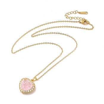 Pink Cubic Zirconia Pendant Necklace, Golden Brass Jewelry for Women, Heart Pattern, Heart: 19x17x8.5mm, 16.54 inch(42cm)