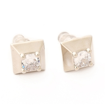 Brass Micro Pave Cubic Zirconia Stud Earrings, with Plastic Ear Nuts, Long-Lasting Plated, Square, Clear, 9x9x5mm, Pin: 0.6mm