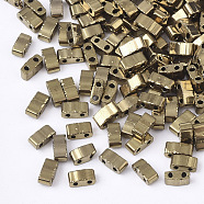 Electroplate Opaque Glass Seed Beads, 2-Hole, Rectangle, Golden Plated, 4.5~5.5x2x2~2.5mm, Hole: 0.5~0.8mm(SEED-S023-20B-02)