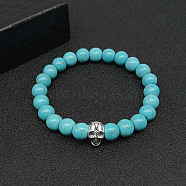 Synthetic Turquoise Stretch Bracelets for Women Men, with Tibetan Style Animals Alloy Beads, Skull, No Size(IS4293-1)