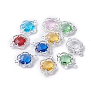 Glass Links connectors, with Eco-Friendly Alloy Open Back Berzel Findings, Faceted, Flower, Silver Color Plated, Mixed Color, 15.5x12x3mm, Hole: 1.4mm(X-GLAA-A037-B-S)