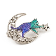 Alloy Rhinestone Brooch, with Glitter Powder, Enamel Cat with Moon & Star, Platinum, 26x35x10mm(JEWB-Q030-38P)