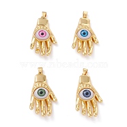 Brass Pendants, with Resin Cabochons, Long-Lasting Plated, Hand with Evil Eye, Real 18K Gold Plated, Mixed Color, 43x23x10mm, Hole: 5x3.5mm(KK-Z014-13G)