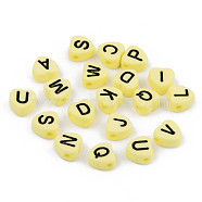 Opaque Acrylic Enamel Beads, Horizontal Hole, Heart with Mixed Black Letters, Pale Goldenrod, 7x7x4mm, Hole: 1.5mm, about 3600pcs/500g(MACR-S273-37F)