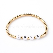 Round Brass Stretch Beaded Bracelets, for Valentine's Day, with Acrylic Letter Beads, Word Love, Golden, Black, Inner Diameter: 2-1/4 inch(5.7cm)(BJEW-JB06231-04)