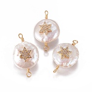 Natural Cultured Freshwater Pearl Pendants, for Jewish, with Cubic Zirconia and Brass Findings, Flat Round with Star of David, Golden, Clear, 19~23x12~14mm, Hole: 1.6mm(PEAR-I005-22F)