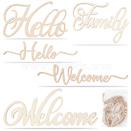 5 Sets 5 Style Wooden Door Signs, Hollow-out, with Hemp Cord, Hanging Ornaments, Word Welcome & Hello & Family, Wheat, 210~320x67.5~160x3mm, 1 set/style(AJEW-CN0001-50)