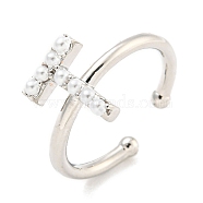 Rack Plating Brass Open Cuff Rings for Women, with ABS Imitation Pearl, Cadmium Free & Lead Free, Long-Lasting Plated, Letter, Letter T, Inner Diameter: 17mm, Letter T: 11.5x9mm(RJEW-F162-01P-T)