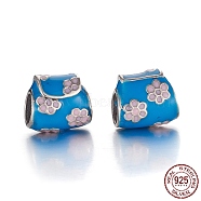 Antique Silver Plated 925 Sterling Silver European Beads, Large Hole Beads, with Enamel, with 925 Stamp, Lady Bag, Blue, 9x10x7mm, Hole: 4mm(STER-L062-13B)