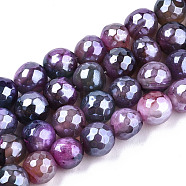 Electroplate Natural Agate Beads Strands, Dyed, Faceted, Pearl Luster Plated, Round, Medium Purple, 8.5x7~8mm, Hole: 1.2mm, about 47~48pcs/strand, 13.78 inch~13.98 inch(35cm~35.5cm)(G-T131-54J)