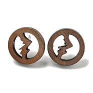 Walnut Wooden Stud Earrings, with 304 Steel Needle, Flat Round, Stainless Steel Color, Coconut Brown, 16mm(EJEW-B060-03)